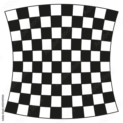 Distorted checkerboard tile. Warped black squares. Abstract vector pattern. Optical illusion form.