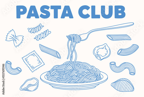 Minimalist hand drawn pasta vector set. Different Mediterranean spaghetti types. Pasta Club Line Art Vector – Monochrome Italian Spaghetti Illustration