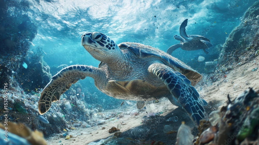 Fototapeta premium A beach covered in plastic waste, sea turtles struggling to move, representing the impact of human negligence 