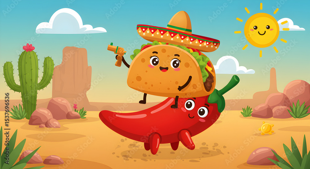 Naklejka premium Cute Cartoon Taco with Sombrero Riding a Chili in Desert Landscape
