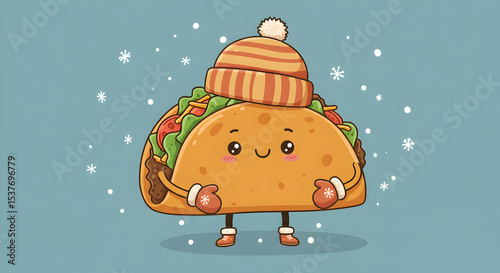 Cute Winter Taco Cartoon with Hat and Mittens, Snowy Background, Food Illustration