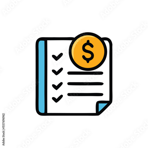 A stylized illustration of a document with checkmarks and a dollar sign, suggesting financial record keeping.