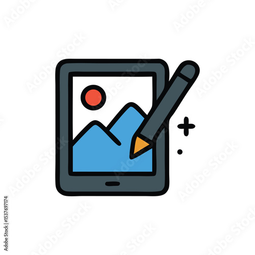 Digital image editing on a tablet, with a stylus highlighting a landscape image.