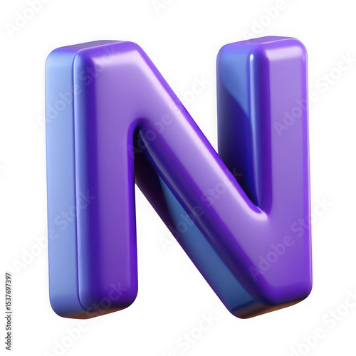 3d render of purple glossy letter n isolated on transparent background