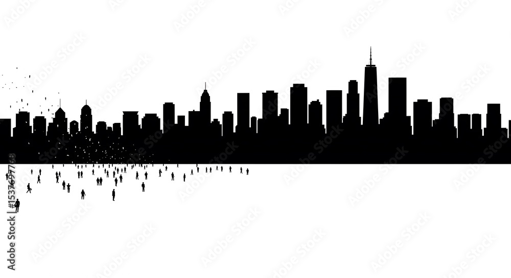 Fototapeta premium Silhouette of a city skyline with numerous tiny figures walking towards it.