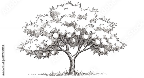 Detailed pencil drawing of an apple tree