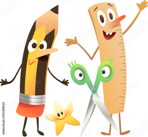 Cute playful School Supplies characters for kids education and crafts. Back to school cartoon clip art. Ruler, pencil and scissors student friends. Cartoon vector illustration for children education.
