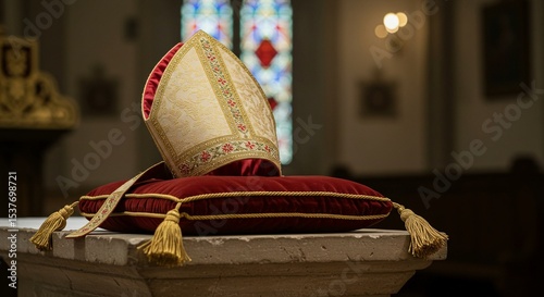 Ornate religious mitre on a red velvet cushion atop a stone surface inside a building with stained glass.