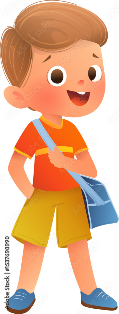 Fototapeta premium Cheerful schoolboy character with a schoolbag. Cute boy elementary school student ready for learning and back to school. Cartoon vector child character illustration for kids education.