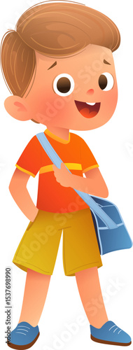 Cheerful schoolboy character with a schoolbag. Cute boy elementary school student ready for learning and back to school. Cartoon vector child character illustration for kids education.