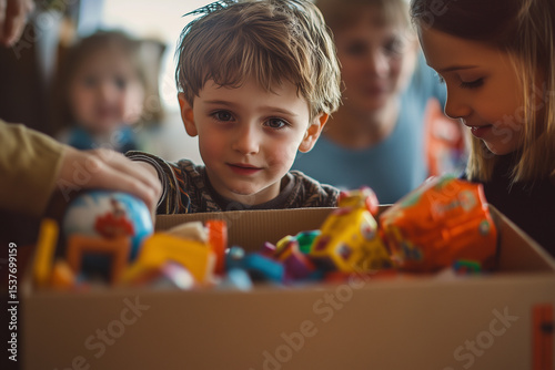 Boy playing toy in cardboard box at kindergarten. Playroom designed for interactive learning and early childhood development. 