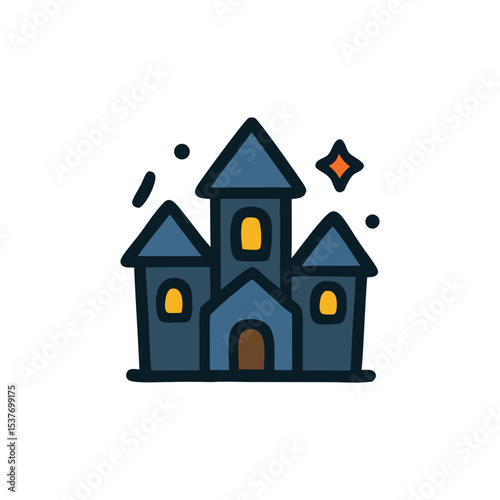 A stylized illustration of a dark blue castle with glowing windows and a sparkling star.