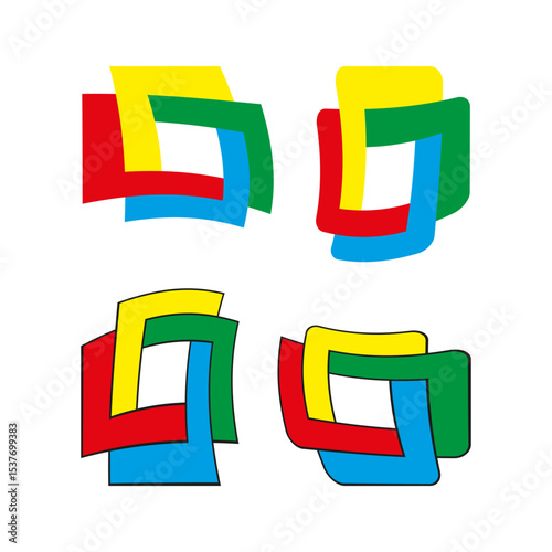 Crossed ribbon shape. Rounded square figure. Colorful interlock form. Vector symmetric logo.