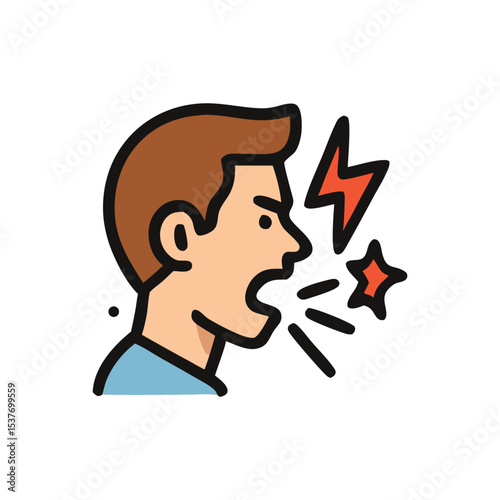 Angry man shouting with lightning bolt graphic, expressing frustration.