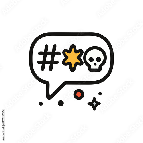 A speech bubble containing a hashtag, starburst, and skull icon, expressing frustration.