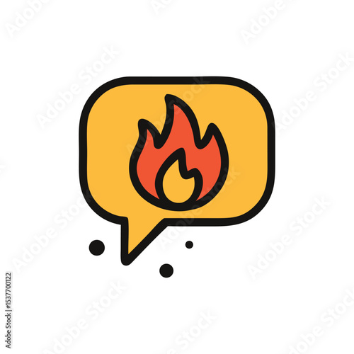 A stylized illustration of a speech bubble containing a burning flame.