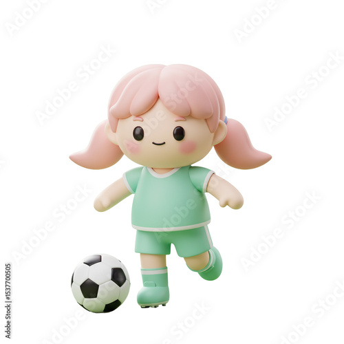 3d Cute soccer player with pink hair ready to play game