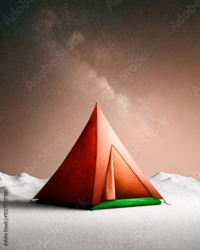 Red Tent Under a Starry Night Sky on a Snowy Mountain