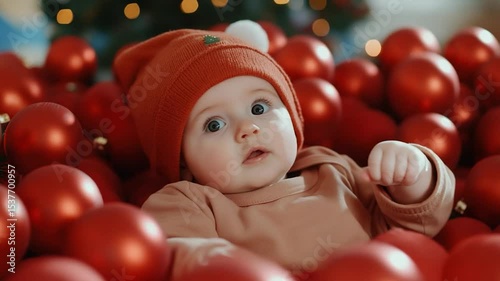 Baby surrounded by red ornament balls festive holiday season innocence and joy