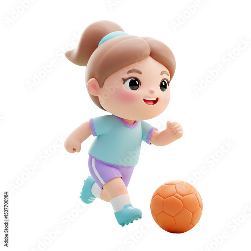 3d Joyful Girl Playing Soccer Outside in the Sunlight Day