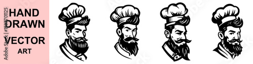 Hand drawn vector chef logo with beard and hat perfect for restaurants, bakery, food brand, kitchen identity, culinary branding, cafes, retro labels, packaging
