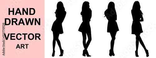 Hand drawn vector silhouette of woman in stylish fashion poses wearing high heels dress ideal for branding, posters, design, print, promotion, modeling campaigns