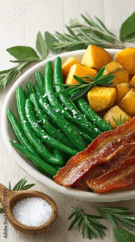 Roasted Potatoes Green Beans and Crispy Bacon in a White Bowl