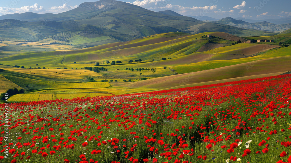 Vibrant flower field with red poppies in foreground, set against rolling green hills and mountainous backdrop under clear blue sky, evokes sense of tranquility and natural beauty Vibrant flower field with red poppies in foreground, set against rolling green hills and mountainous backdrop under clear blue sky, evokes sense of tranquility and natural beauty
