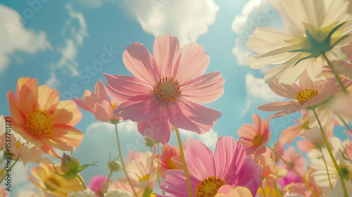 Beautiful flower field under partly cloudy sky, showcasing vibrant pink and yellow blooms. sunlight creates warm, inviting atmosphere, perfect for nature lovers