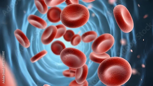Microscopic view of red blood cells circulating inside vein. The red blood cells are visible, along with the walls of the blood vessel