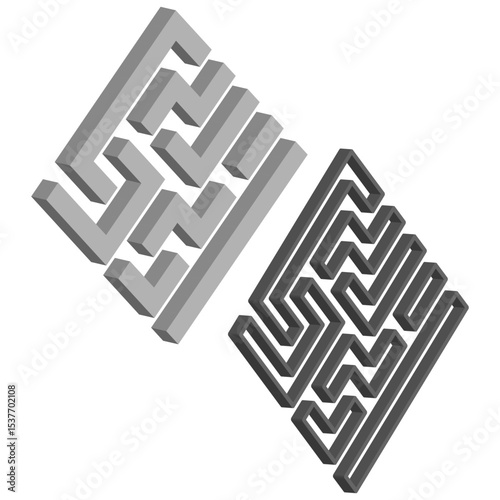 Isometric maze figure. Three dimensional path. Vector puzzle shape. Black gray structure