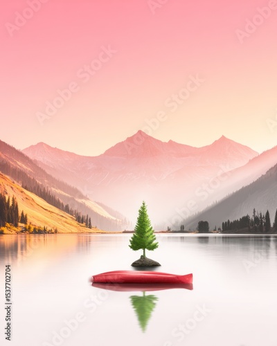 Serene Sunset Landscape: Small Tree on a Red Raft in a Calm Lake with Pink Sky and Mountains