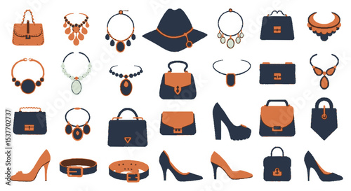 A collection of stylish women's accessories, including handbags, necklaces, belts, and high heels, depicted in a flat design style.