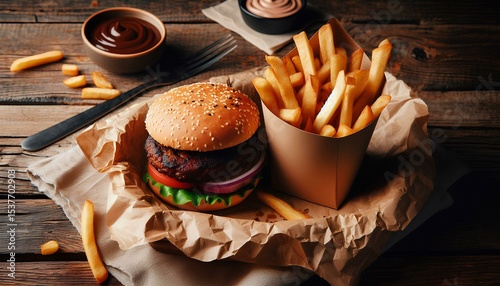 Vegan Burger in Wrapper with Fries on Rustic Table – Street Food Style
