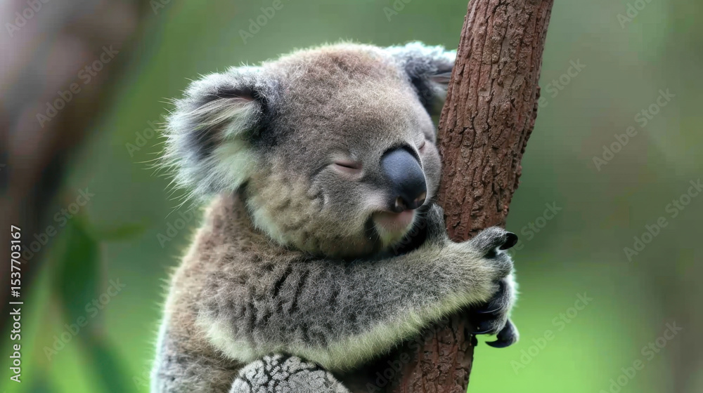 Obraz premium Koala clinging to tree in leafy green eucalyptus, showcasing its adorable features and peaceful expression. This charming animal embodies tranquility in its natural habitat