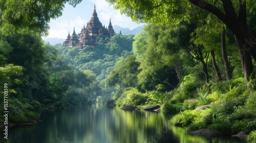 Ancient temple nestled amidst lush jungle