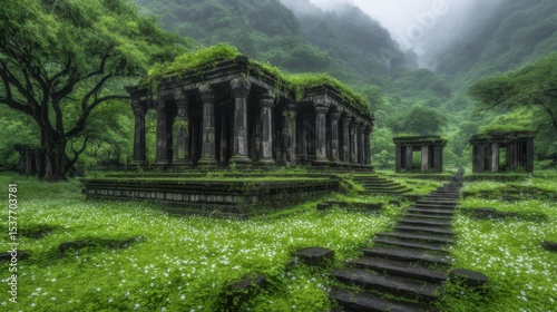 Ancient ruins nestled in lush green valley