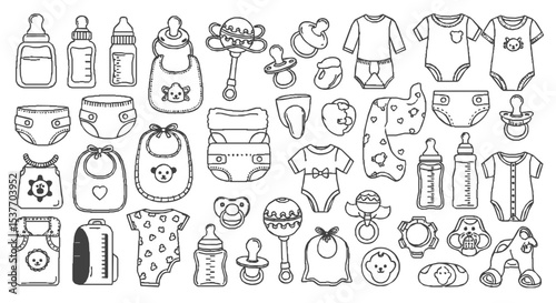 A collection of hand-drawn baby items, including bottles, clothes, and toys.