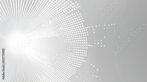 Abstract white dots expanding from center with radiant light creating dynamic visual effect on soft gray background, evoking sense of depth and movement