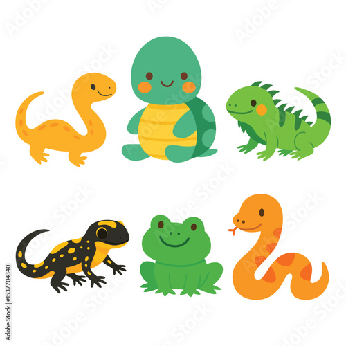 Set of cartoon reptiles and amphibians including dinosaur, turtle, iguana, salamander, frog, and snake. Flat colorful illustration on white background. Cold-blooded animals and wildlife concept