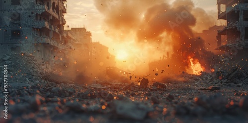 The remains of demolished real estate are scattered across the ground, illuminated by the fiery aftermath of an explosion. The scene highlights negligence in a disaster-stricken area