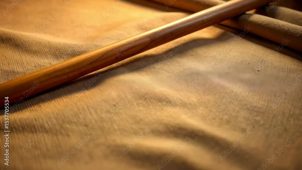 Crossed polished wooden rods on textured beige background. Focus on martial arts weapon or crafting tool and natural light reflections.