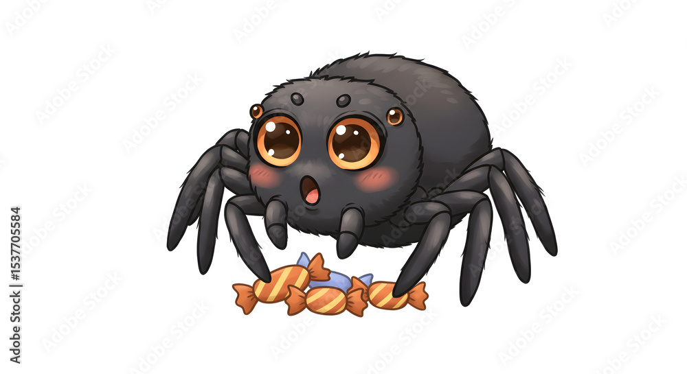 Obraz premium Cute Cartoon Spider with Candies: Adorable Illustration on White Background