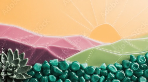 Vibrant Mosaic Landscape with Pastel Mountains and Succulents