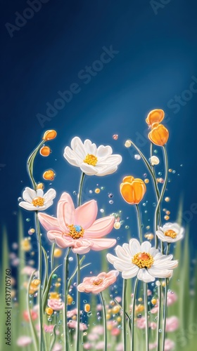 Vibrant Pink and White Wildflowers Swaying Gently in a Sunny Meadow