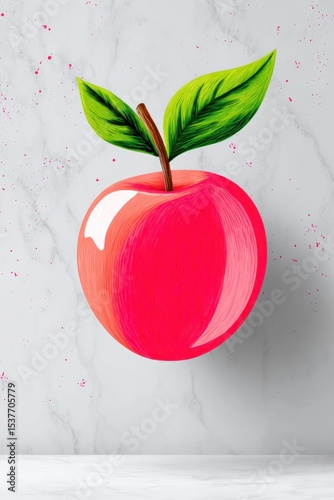 Vibrant Pink Apple Illustration with Green Leaves on Marble Background