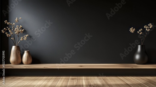 Minimalist setting with dried floral arrangement on wooden shelf against dark wall