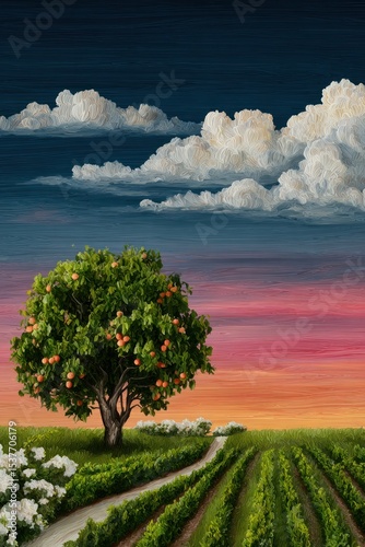 Vibrant Sunset Over a Vineyard with Fruit Tree