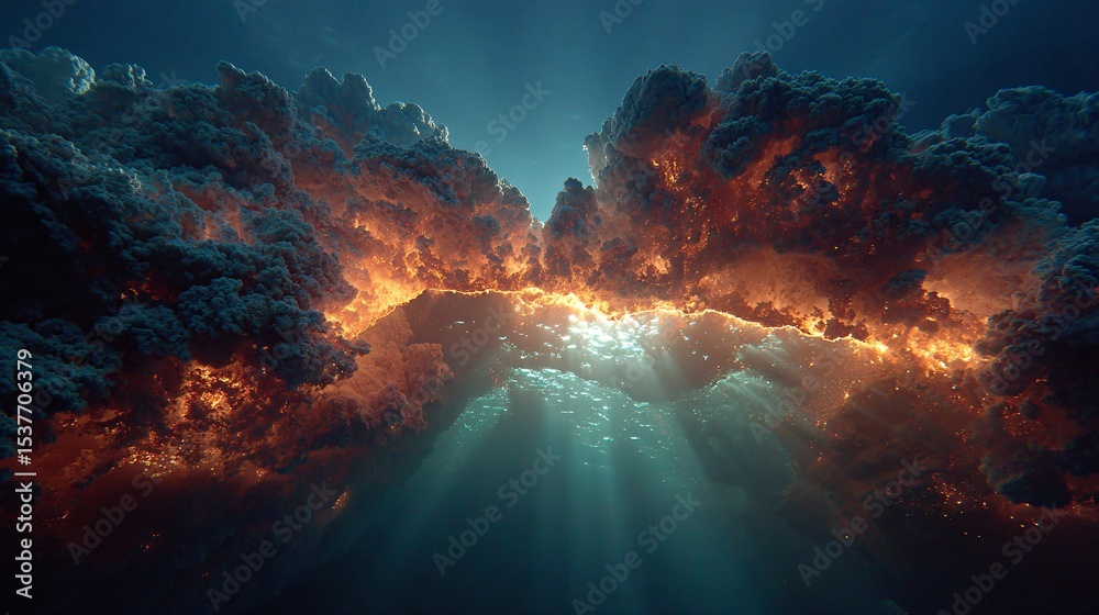 Obraz premium Underwater Volcanic Eruption: Glowing Magma Meets the Deep Sea