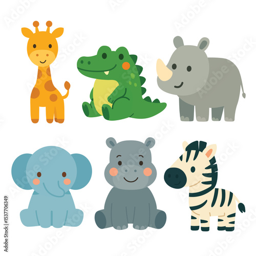 Set of cartoon African animals including giraffe, crocodile, rhinoceros, elephant, hippopotamus, and zebra. Flat colorful illustration on white background. Safari and wildlife concept